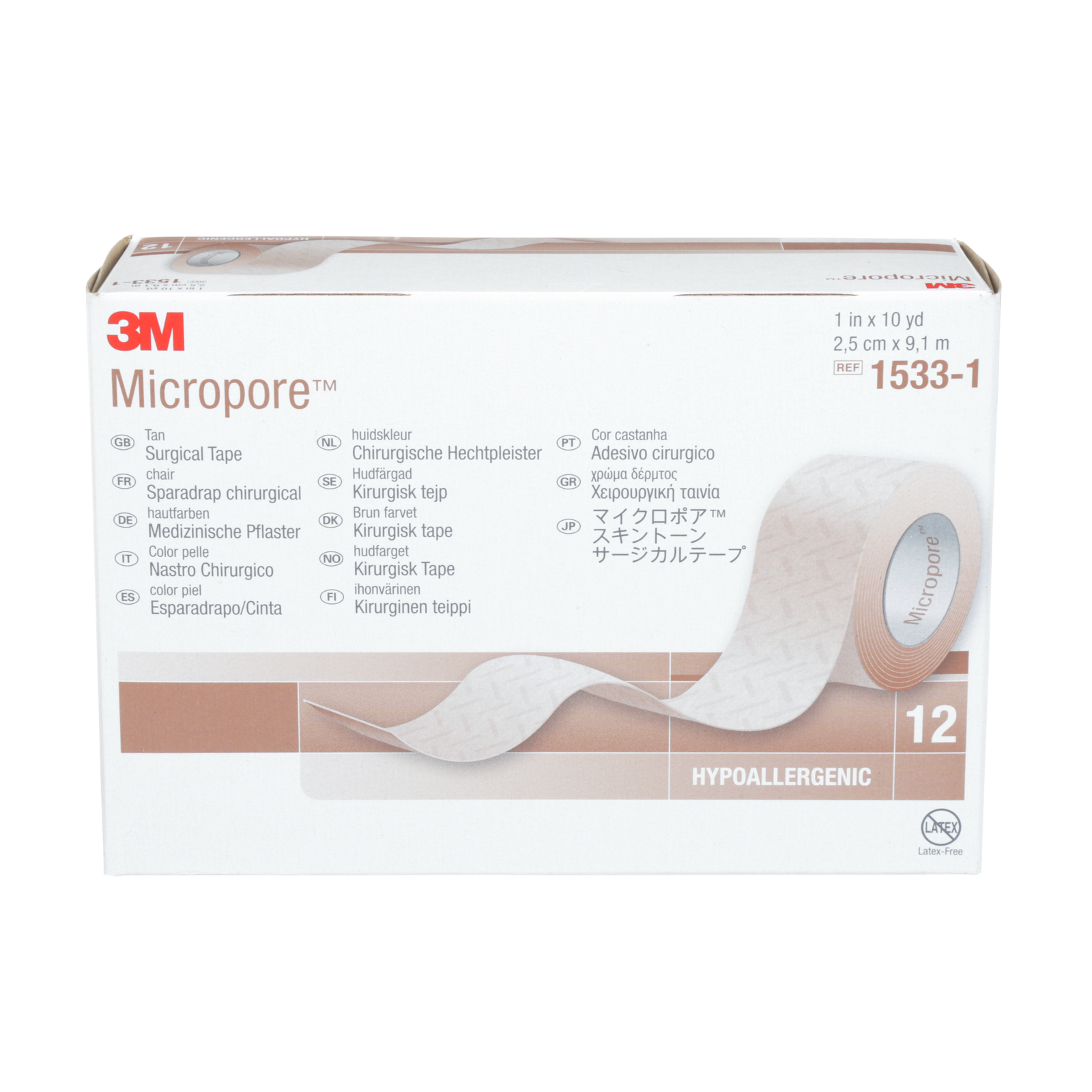 Micropore Kuituteippi, Ruskea 2,5 cm x 9,1 m, 12 rullaa 12 kpl