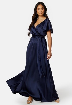 Goddiva Flutter Sleeve Satin Maxi Dress Navy XS (UK8)