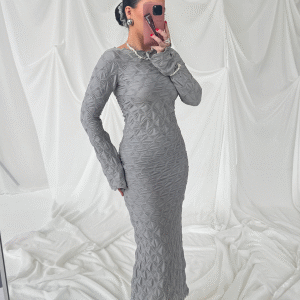 BUBBLEROOM Structure Long Sleeve Midi Dress Light grey XL