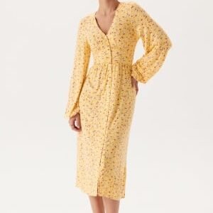 BUBBLEROOM Midi Button Volume Sleeve Dress Light yellow/Patterned XL